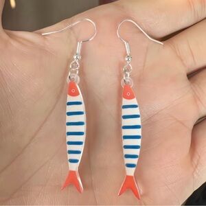 Nautical Striped Fish Hook Earrings - Orange and Blue